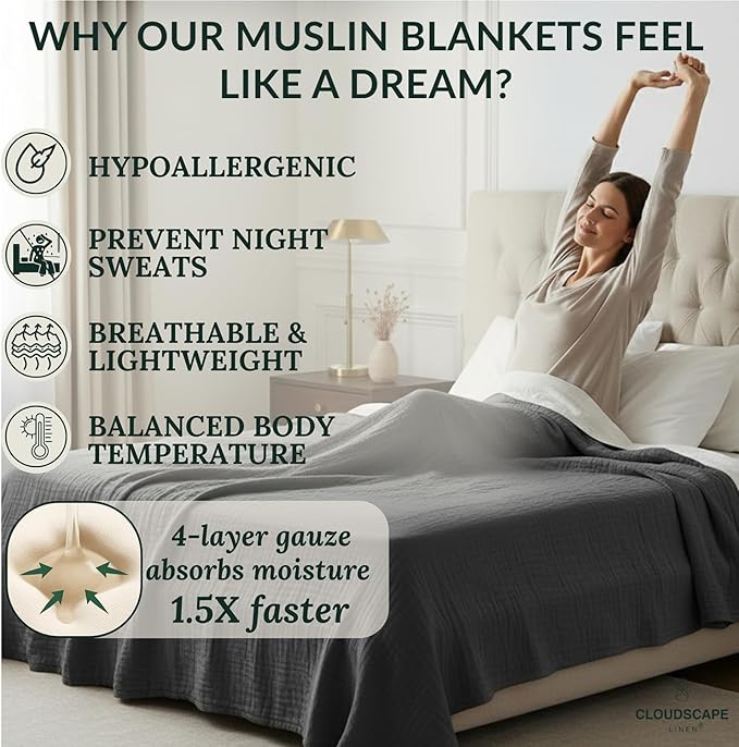 CLOUDSCAPE 100% Cotton 4 Layer Muslin Blanket Queen Size, Oversized, 92x92 Fits Upto Full Size Bed, Soft Breathable, Lightweight Layering, Summer Blanket for Adults, Spring Gift Idea- Sharkskin