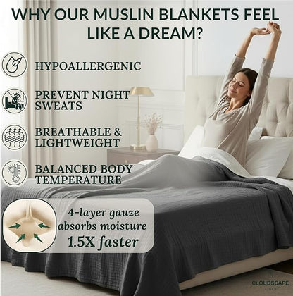 CLOUDSCAPE 100% Cotton 4 Layer Muslin Blanket Queen Size, Oversized, 92x92 Fits Upto Full Size Bed, Soft Breathable, Lightweight Layering, Summer Blanket for Adults, Spring Gift Idea- Sharkskin
