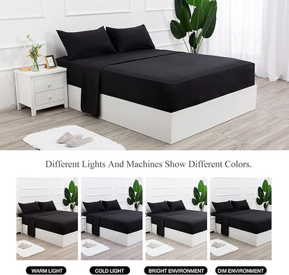 4 Piece Bed Sheet Set (Full,Black) 1 Flat Sheet,1 Fitted Sheet and 2 Pillow Cases,Brushed Microfiber Luxury Bedding with Deep Pockets