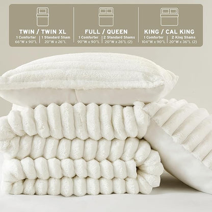 Intelligent Design Queen Comforter Set, Plush Bedding, Microfiber Reverse, 3 Piece, Lightweight, Super Soft Ribbed Velvet Comforter 2 Shams, All Season Fluffy Bed Set, Avril, Full/Queen Ivory