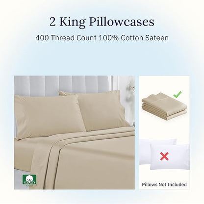California Design Den Cotton King Pillowcase Set - 400 Thread Count, 100% Cotton Pillowcases, Set of 2 Pillow Covers, Soft and Breathable - Beige (Golden Tone)