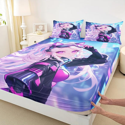 Erosebridal Girls Japanese Anime Fitted Sheet Queen, Kawaii Anime Girl Bed Sheets Cartoon Girl Bedding Set for Kids Teens Adult Women, Japanese Animation Sci Fi Style Sheets,Blue Purple
