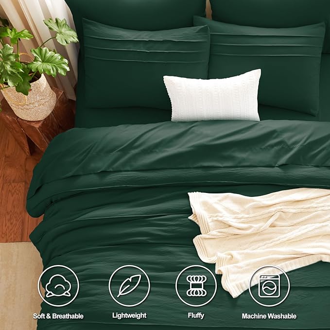 CozyLux Queen Comforter Set Emerald Green, 7 Pieces Soft Pinch Pleat Bed in a Bag Queen Comforter Set with Sheets, Boho Bed Set with Down Alternative Comforter, Sheets, Pillowcases & Shams