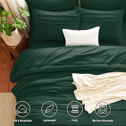 CozyLux Queen Comforter Set Emerald Green, 7 Pieces Soft Pinch Pleat Bed in a Bag Queen Comforter Set with Sheets, Boho Bed Set with Down Alternative Comforter, Sheets, Pillowcases & Shams