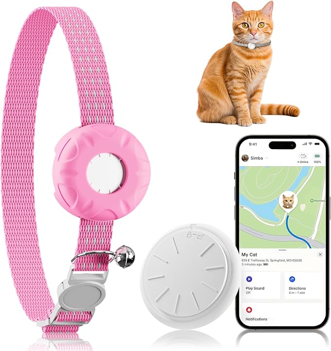 GPS Tracker for Cats, Cat Tracker with Real-Time Location, Pet Tracker with Cat Collar, Compatible with Apple Find My App (Only iOS), No Monthly Fee, Waterproof (Pink)