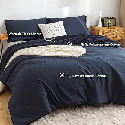 Warm Sherpa Comforter Set with Pillowshams Fleece Comforter King Size Lightweight Cozy Plush Washable Cotton Down Alternative Soft Comforter and Pillow Shams(Dark Navy Blue,King)