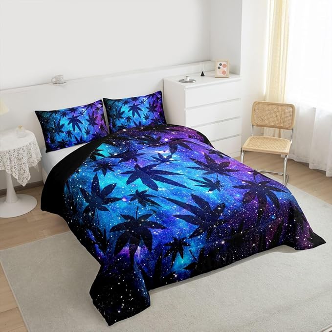 Erosebridal Leaves Comforter Set Teens Galaxy Bedding Set Twin for Women Men Youth Soft Chic Purple Blue Duvet Set Room Decor Quilt Set