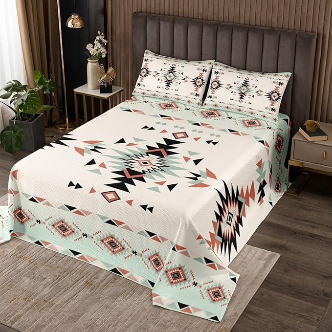 Manfei Western Cowboy Kids Bedspread Twin Size,Geometric Aztec Patchwork Coverlet Set,Boys Girls Room Decor,Southwest Boho Tribal Ethic Quilted Coverlet,Rustic Farmhouse Bedding Quilt,1 Pillowcase