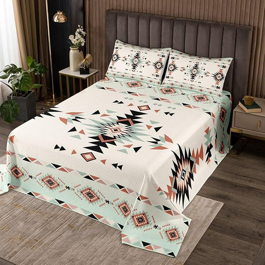 Manfei Western Cowboy Kids Bedspread Twin Size,Geometric Aztec Patchwork Coverlet Set,Boys Girls Room Decor,Southwest Boho Tribal Ethic Quilted Coverlet,Rustic Farmhouse Bedding Quilt,1 Pillowcase