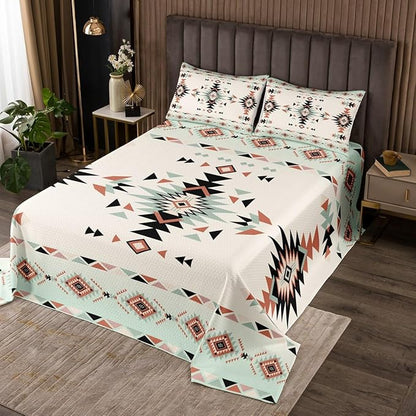 Manfei Western Cowboy Kids Bedspread Queen Size,Geometric Aztec Patchwork Coverlet Set,Boys Girls Room Decor,Southwest Boho Tribal Ethic Quilted Coverlet,Rustic Farmhouse Bedding Quilt,2 Pillowcases