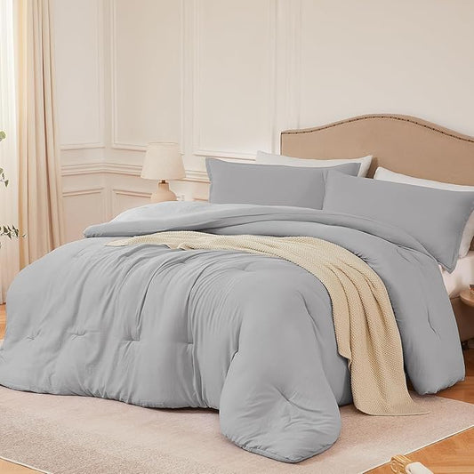 Queen Comforter Sets Lightgrey,3PCS Soft Lightweight Breathable Bedding Comforter Sets for All Season, Queen Size(90''×90'' Comforter & 2 Pillowcases)