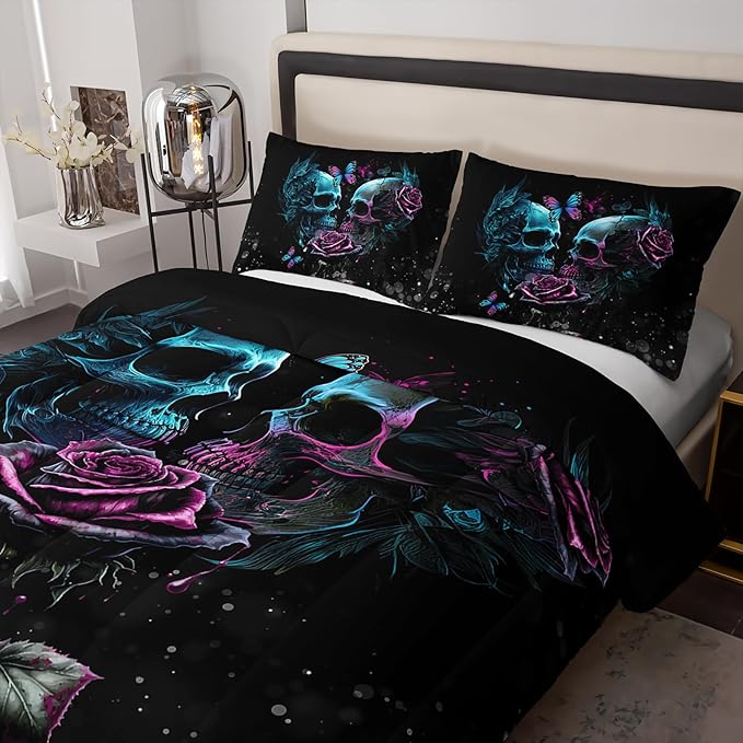 Skull Bedding Set Queen Size,Goth Bedding Sets Queen with Comforter,Skull Comforter Set,Rose Comforter Halloween Skull Bed Comforter,Blue Comforter Black Bedding Skull Quilt