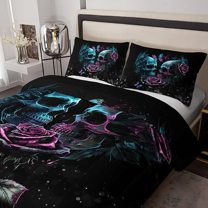 Gothic King Size Bedding Set - Skull & Rose Comforter, Black & Blue Quilt