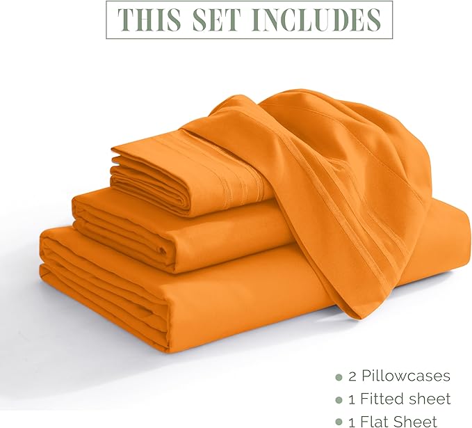 Elegant Comfort Luxurious 1500 Premium Hotel Quality Microfiber Three Line Embroidered Softest 4-Piece Bed Sheet Set, Wrinkle and Fade Resistant, Twin/Twin XL, Orange