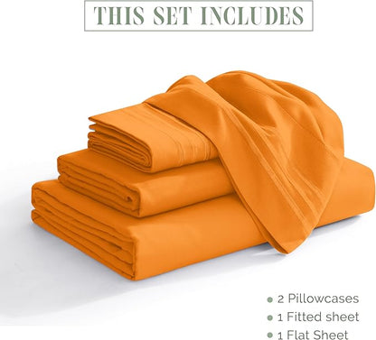 Elegant Comfort Luxurious 1500 Premium Hotel Quality Microfiber Three Line Embroidered Softest 4-Piece Bed Sheet Set, Wrinkle and Fade Resistant, Twin/Twin XL, Orange