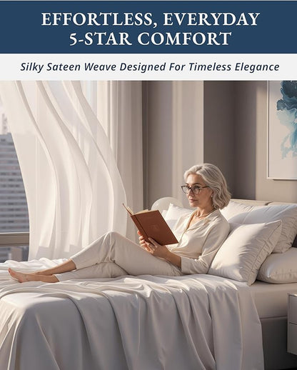 100% Egyptian Cotton Sheets King Size - Naturally Cooling & Breathable 4 Piece Silky Sateen Weave King Size Sheets Set, Ultra-Soft & Durable Hotel Luxury Sheets with 15" Snug Fit Deep Pockets - White