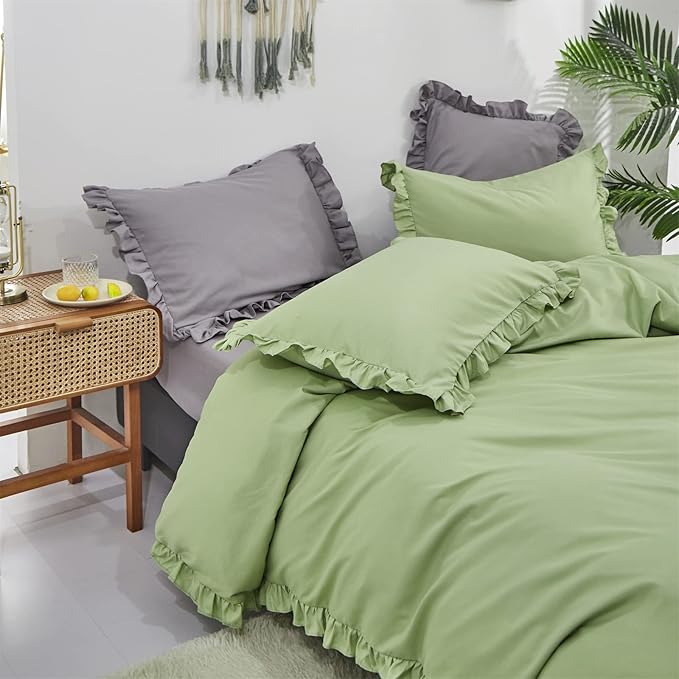 CLOTHKNOW Green Ruffle Queen Comforter Set Farmhouse Bedding Comforter Sets Sage Green Shabby Chic Comforter with 2 x Pillowcases