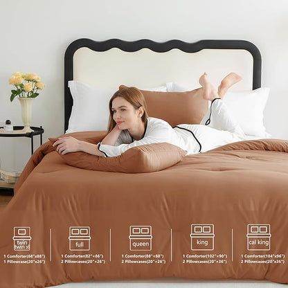 CozyLux Queen Comforter Set Pumpkin, 3 Pieces Solid Comforters Queen Size Breathable Bedding Sets, Fall Luxury Soft Lightweight Bed Set with Down Alternative Comforter and 2 Pillowcases All Seasons