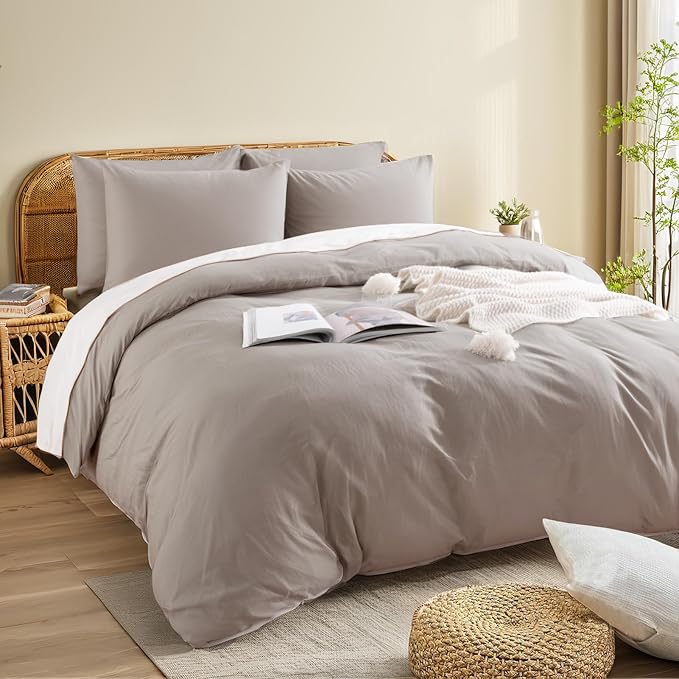 NEXHOME PRO Duvet Cover Set King Size Linen Look Organic Natural 100% Washed Cotton Duvet Cover Linen Cream Grey 3 Pieces Bedding Set with Zipper Closure, Breathable, Lightweight (No Comforter)