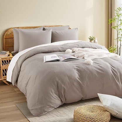 NEXHOME PRO Duvet Cover Set King Size Linen Look Organic Natural 100% Washed Cotton Duvet Cover Linen Cream Grey 3 Pieces Bedding Set with Zipper Closure, Breathable, Lightweight (No Comforter)