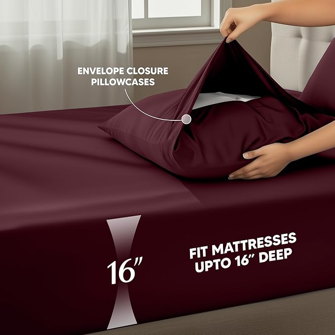 Utopia Bedding King Size Sheet Set – 4 Piece Bed Sheets, Soft and Breathable Microfiber, Includes 1 Fitted Sheet, 1 Flat Sheet and 2 Pillowcases – Oeko Tex (Burgundy)
