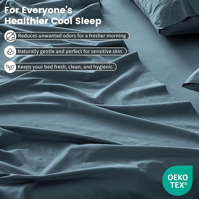 100% Linen Sheet Set Queen Size Extra Deep Pocket Fits 18-24 Inch Mattress, Breathable & Soft, Smooth 4-Piece Set for Thick Mattresses Hotel Luxury Bedding（Queen, Navy Grey）