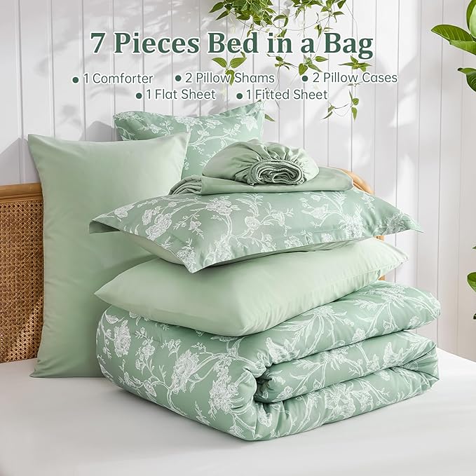 Luxudecor Floral Comforter Set King Size 7 Pieces, Green Flower with Bird Bed in a Bag, Soft Reversible Comforter with Sheet Bed Set 104"x90"