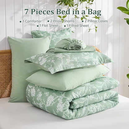 Luxudecor Floral Comforter Set Queen Size 7 Pieces, Green Flower with Bird Bed in a Bag, Soft Reversible Comforter with Sheet Bed Set 90"x90"
