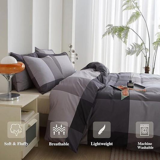 mixinni Full Size Comforter Sets Men Boys Geometric Checkered Plaid Printed Bedding Comforter for All Season Soft Lightweight Bedding Set-(Full Size, Grey,Black)