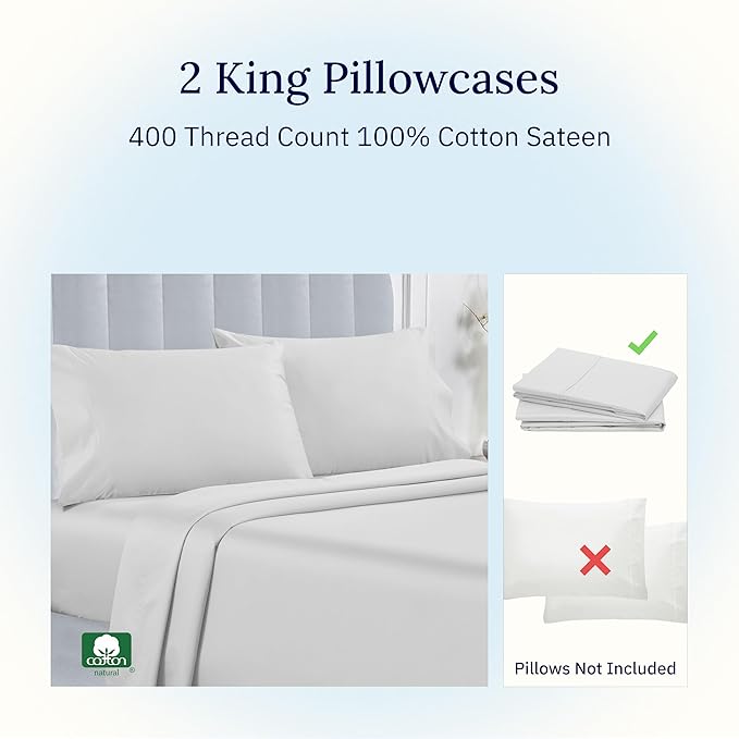 California Design Den King Pillow Cases Set of 2 Cotton - 400 Thread Count Sateen, Natural 100% Cotton King Pillowcases, Soft, Roomy and Breathable - Silver