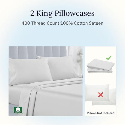 California Design Den King Pillow Cases Set of 2 Cotton - 400 Thread Count Sateen, Natural 100% Cotton King Pillowcases, Soft, Roomy and Breathable - Silver