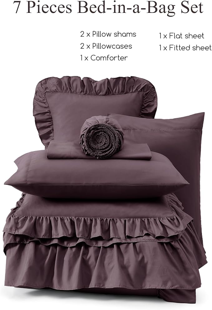 Queen Comforter Set Dark Purple, Ruffle Shabby Chic Bedding Set Farmhouse 7 Pieces, All Season Fluffy Bed in a Bag with Sheets, Pillowcases & Shams