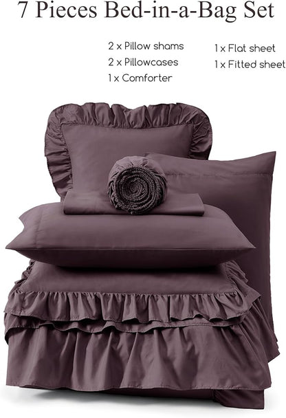 Queen Comforter Set Dark Purple, Ruffle Shabby Chic Bedding Set Farmhouse 7 Pieces, All Season Fluffy Bed in a Bag with Sheets, Pillowcases & Shams