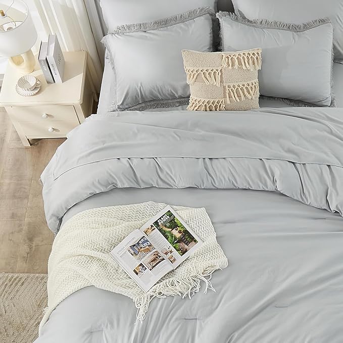 Andency Oversized King Comforter Set Light Grey 120x98-7 Pieces Boho Tassel Bed in a Bag Soft Lightweight Bedding Sets, Fringe All Season Bed Set with Comforter, Sheets, Pillowcases & Shams