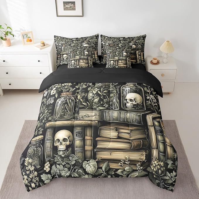 jejeloiu Dark Academia Bedding Set 7Pcs King Size Kids Skull Comforter Set with Sheets for Boys Girls Goth Bed in a Bag Soft Lightweight,Microfiber