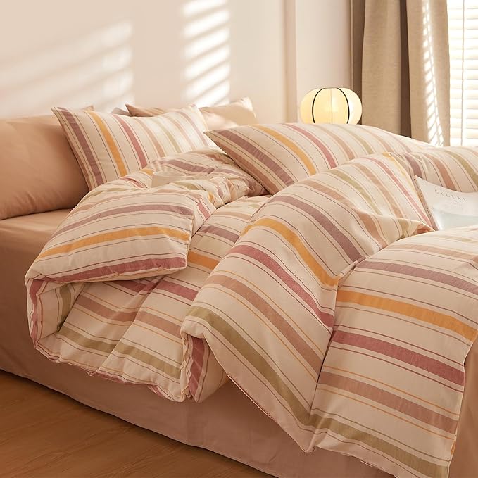 MKXI Striped Duvet Cover Set 100% Washed Cotton, 3-Piece Colorful Autumn Vibe Bedding Set with Zipper & Ties, Stripes Pattern Comforter Cover for Teens, Adults, Dorms & Bedrooms (Queen Size)