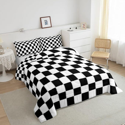 Erosebridal Boys Checkered Comforter Set Twin Black White Checkered Kids Bedding Set Teen Boy Geometric Grids Plaid Comforter Preppy Bedroom Decor,Gingham Quilt Duvet 2 Pcs