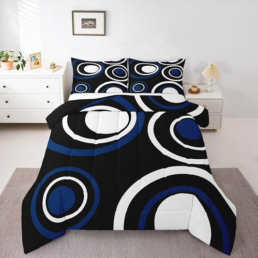 Erosebridal Black Blue Vortex Twin Bedding Sets for Adult Women Men Chic Geometric Abstract Mens Comforter Set Striped Aesthetic Circles Quilt Duvet Set Boho Modern Bedding Collections