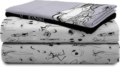 Jay Franco Kids Sheet Set with Fitted, Flat Sheets & Pillow Cover - Ultra-Soft Bedding with Pillowcase for Room Decor, White - Nightmare Before Christmas, 4 Piece Full