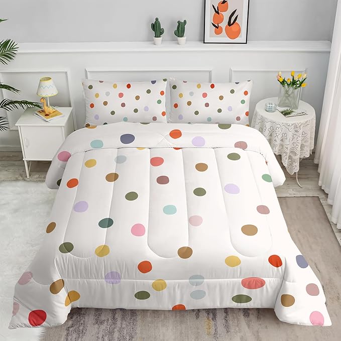 Colorful Polka Dots Comforter Set for Girls,Girly Kawaii Cartoon Bedding,King Size Multicolor Circles and White Comforter for Girls Women,Modern Geometry Bedding Set 1 Quilt 2 Pillowshams