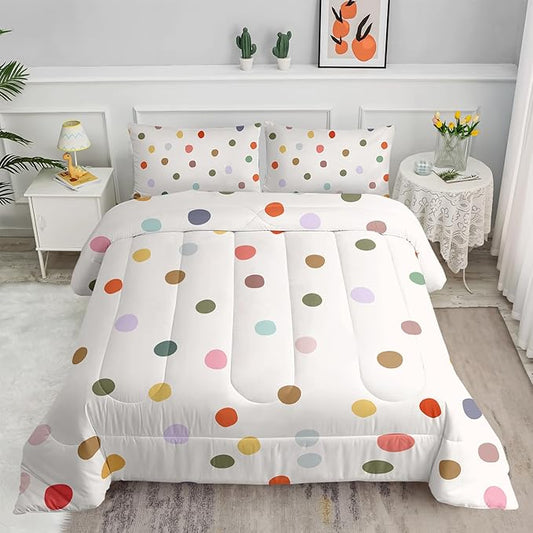 Colorful Polka Dots Comforter Set for Girls,Girly Kawaii Cartoon Bedding,King Size Multicolor Circles and White Comforter for Girls Women,Modern Geometry Bedding Set 1 Quilt 2 Pillowshams