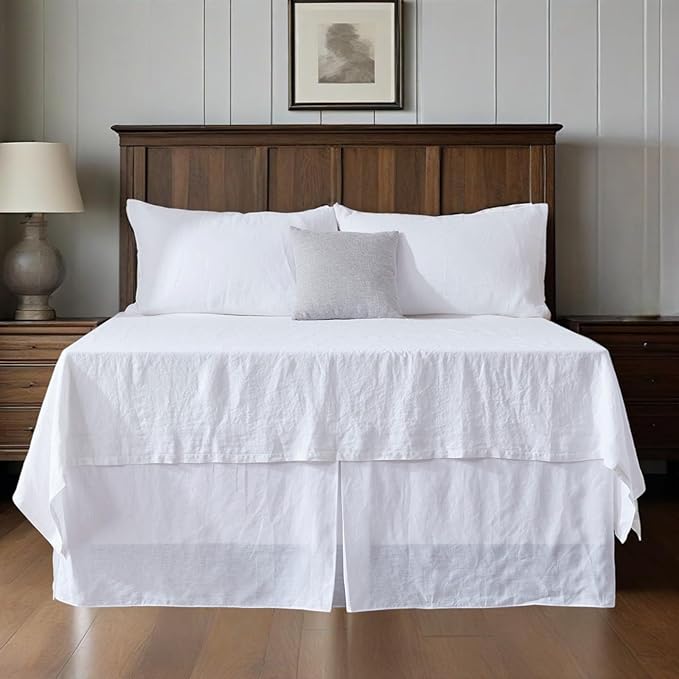 Simple&Opulence Belgian Linen Bed Skirt with Classic 14 inch Tailored Drop Dust Ruffle, Easy Fit Breathable Premium Natural Flax- Basic White, Queen