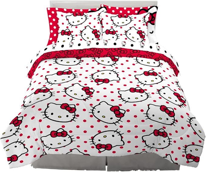 Hello Kitty Polka Dot Bedding 7 Piece Super Soft Comforter and Sheet Set with Sham, Full, (Official Licensed Product) by Franco Collectibles