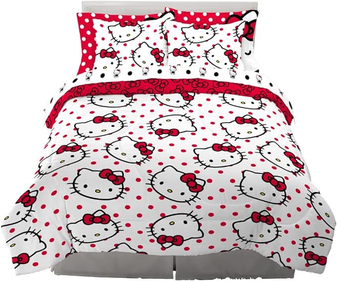 Hello Kitty Polka Dot Bedding 7 Piece Super Soft Comforter and Sheet Set with Sham, Queen, (Official Licensed Product) by Franco Collectibles