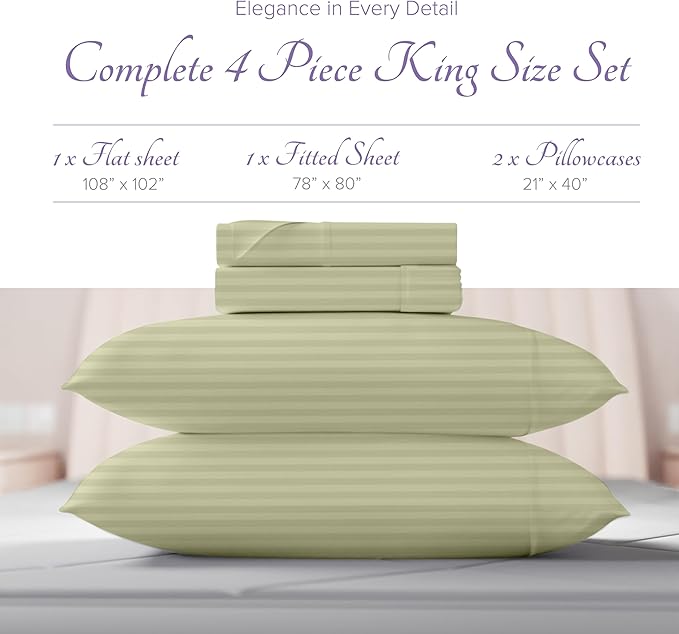 Carressa Linen 100% Egyptian Cotton King Size Sheet Set - Striped 600 Thread Count Egyptian Cotton Sheets King Size (Sage Green), Silky Soft, Cooling, Sateen Weave 16" Deep Pocket Damask Hotel Sheet