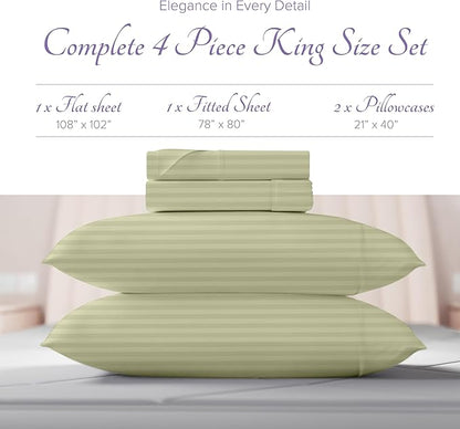 Carressa Linen 100% Egyptian Cotton King Size Sheet Set - Striped 600 Thread Count Egyptian Cotton Sheets King Size (Sage Green), Silky Soft, Cooling, Sateen Weave 16" Deep Pocket Damask Hotel Sheet
