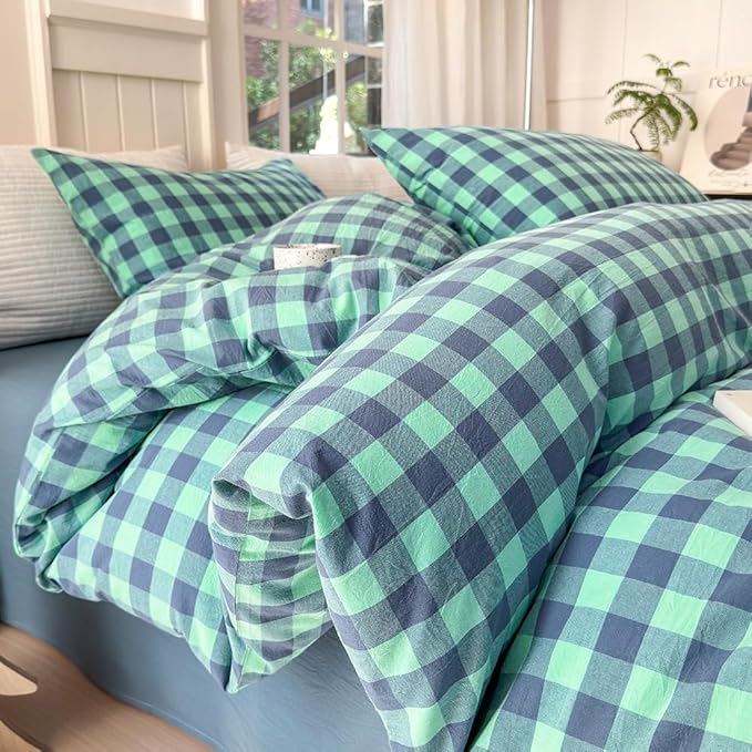 FACE TWO FACE Bedding Duvet Cover Set100% Washed Cotton Duvet Cover Linen Like Textured Breathable Durable Soft Comfy (Full, Blue Green Grid)