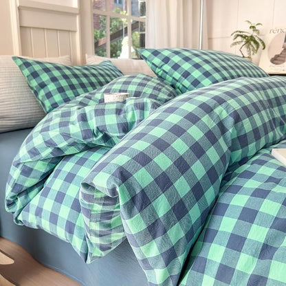FACE TWO FACE Bedding Duvet Cover Set100% Washed Cotton Duvet Cover Linen Like Textured Breathable Durable Soft Comfy (Full, Blue Green Grid)