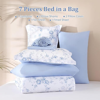 Luxudecor Floral King Comforter Set 7 Pieces Bed in a Bag, Blue Rose Romantic Flower Bed Set, Soft Reversible Comforter with Sheet Set 104"x90"