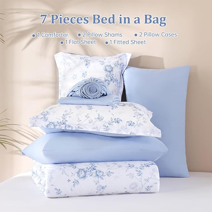 Luxudecor Floral Queen Comforter Set 7 Pieces Bed in a Bag, Blue Rose Romantic Flower Bed Set, Soft Reversible Comforter with Sheet Set 90"x90"